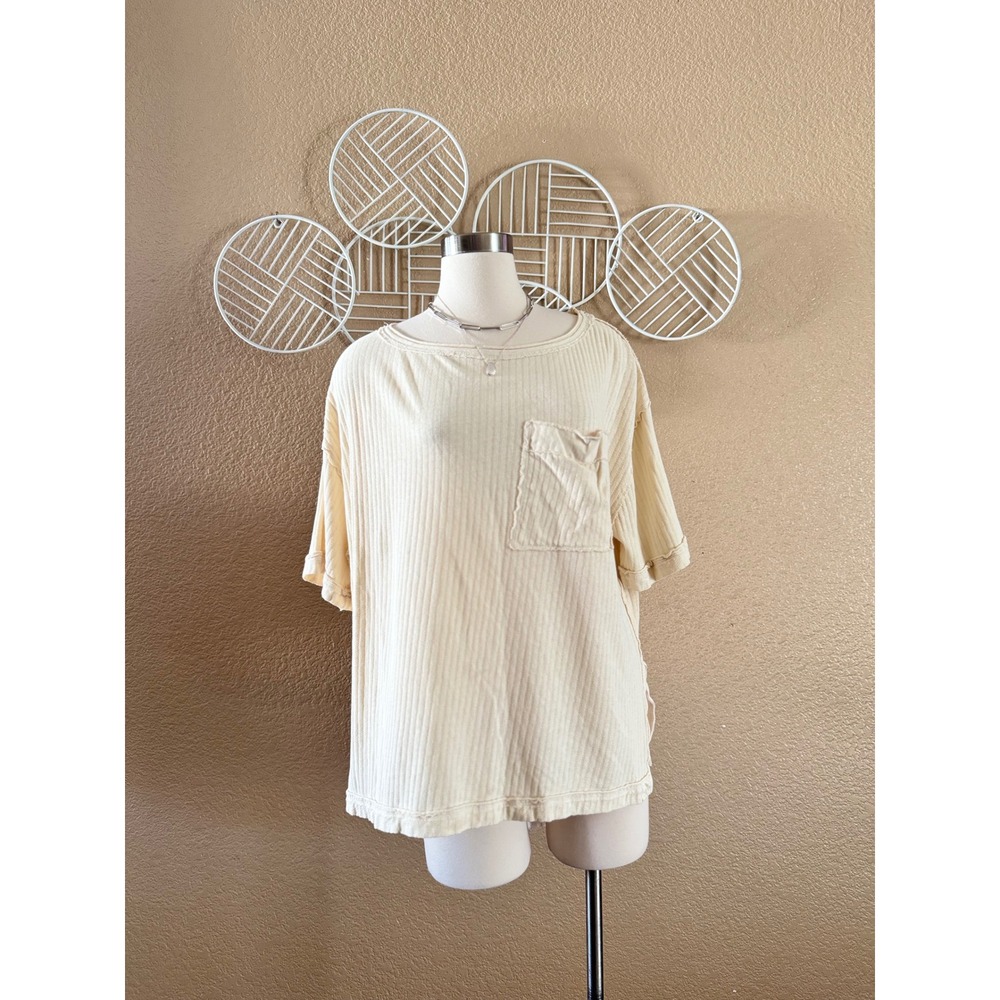 We The Free Free People tulum Cream Waffle Knit Oversized Thermal Pocket Tee XS